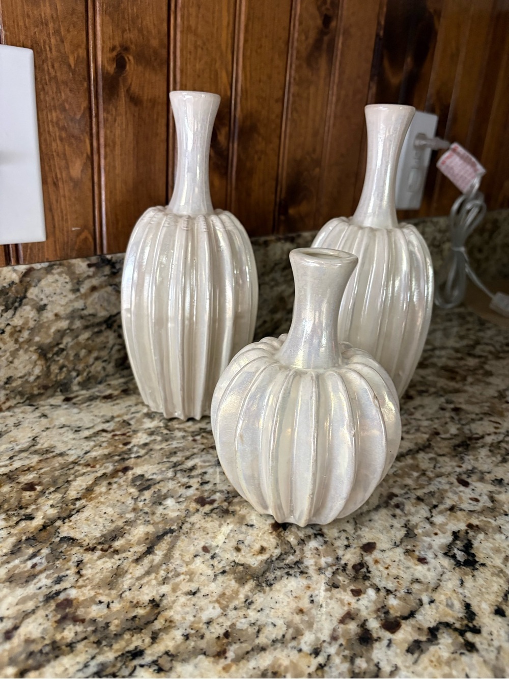 Shimmering Pearl White Ribbed Ceramic Vase Set